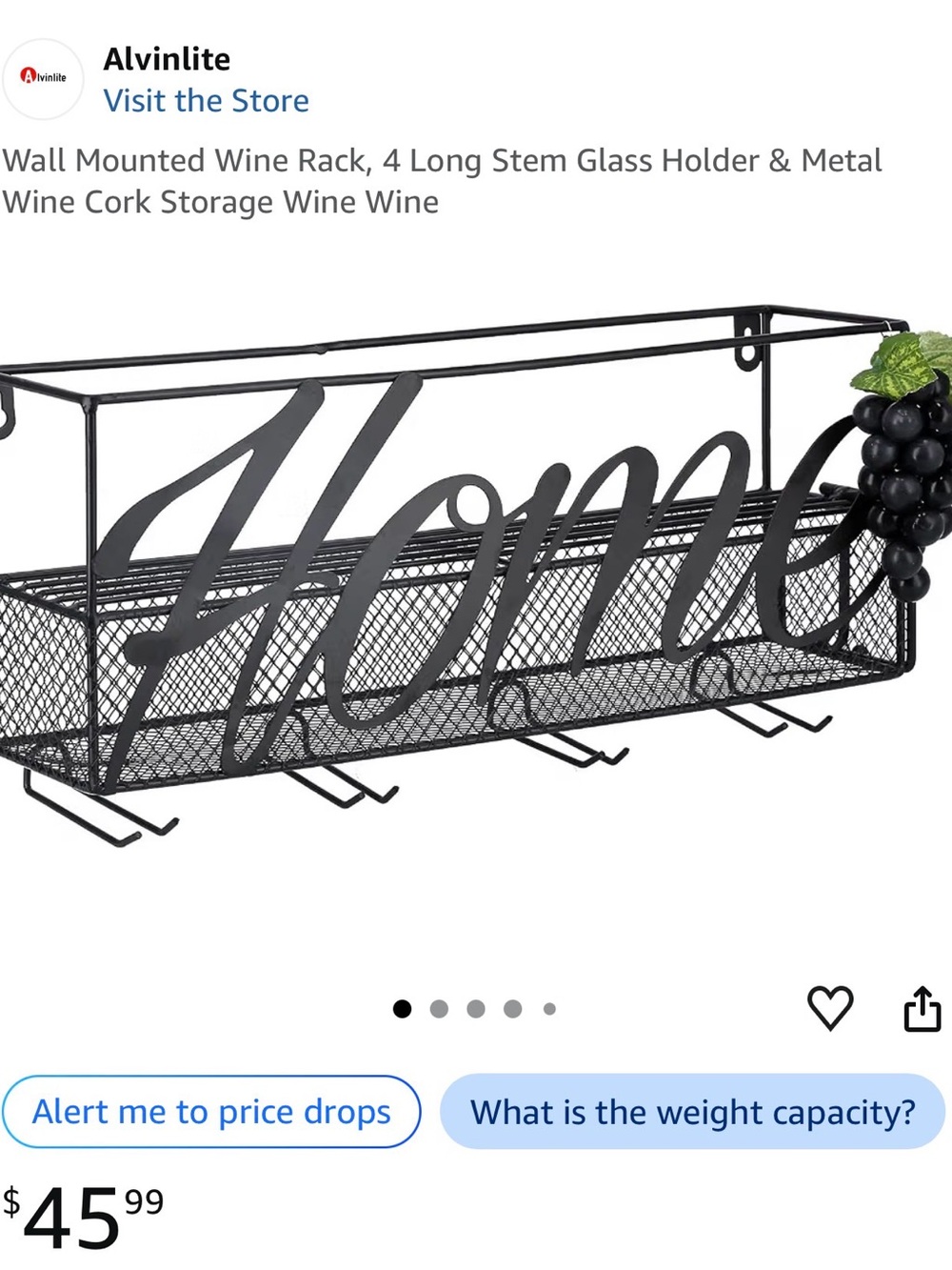 Brown Wall-Mounted Wine Rack with 4 Stem Glass Holders
